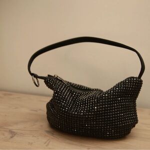 Black Crystal-Embellished Women’s Evening Shoulder Bag